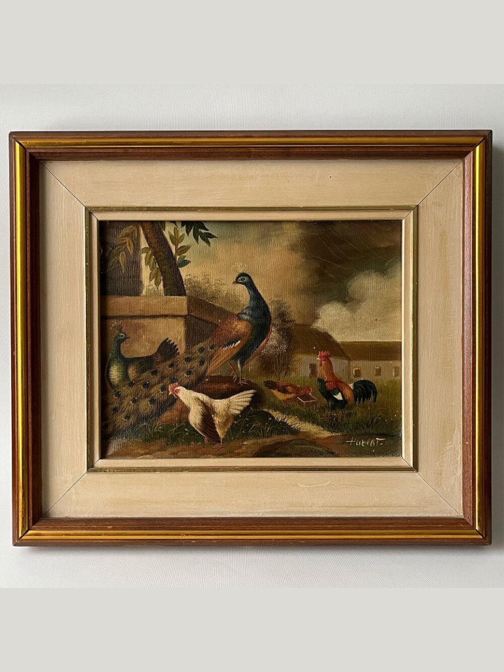 Vtg Original Oil Painting Peacocks Roosters Rustic Craddock Style Signed Hubert